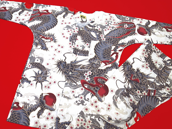 義若オリジナルの鯉口シャツ、ダボシャツ　桜と龍（白）